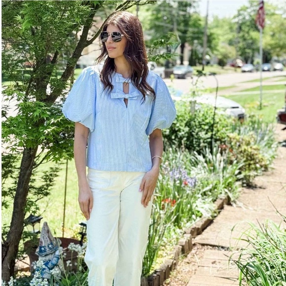 NWT Kate Spade x Target Stripe puff short sleeve blouse top Blue White XS - Picture 5 of 8